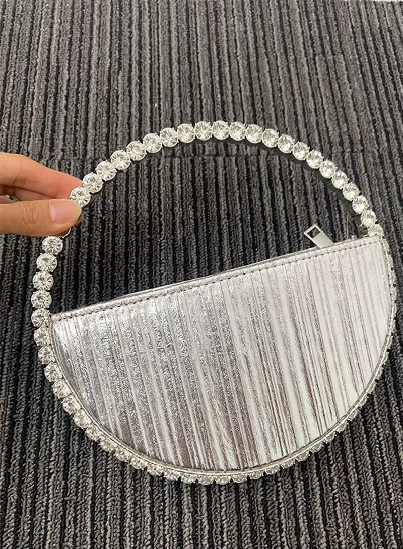 Round Shaped Evening Diamond Clutch Bags for Women Designer Chic Metal Handle Shiny Sequins Purse Female Wedding Handbags