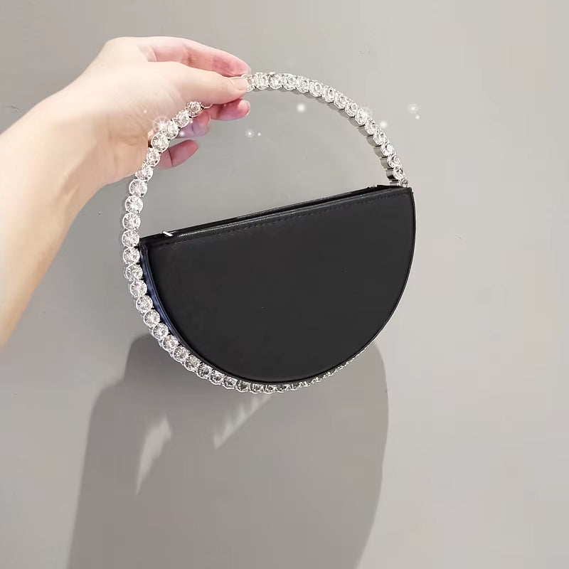 Round Shaped Evening Diamond Clutch Bags for Women Designer Chic Metal Handle Shiny Sequins Purse Female Wedding Handbags