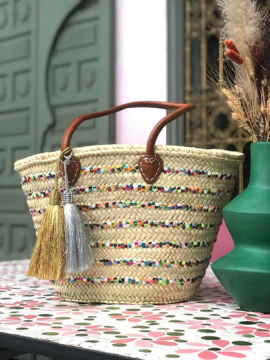 HandmadeBestSeller - Straw Basket Bag | Sequins | French Basket Leather Handles