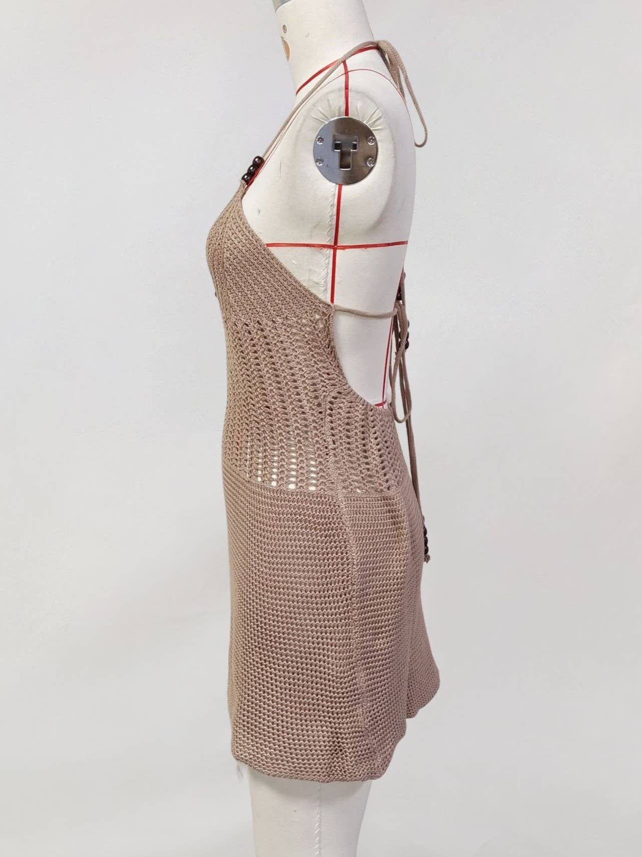 HIDDENBRAND - Lace-Up Halter Neck Knit Beaded Beach Cover-Up: White / S