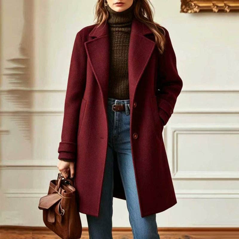Suhkasana - Women's Vintage Lapel Single Breasted Mid Long Coat: Camel / S