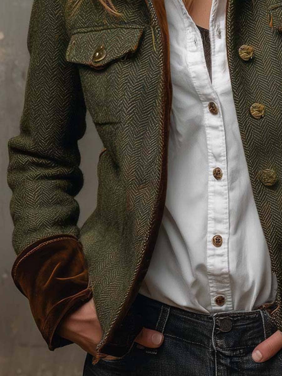 Suhkasana - Women Herringbone Tweed Blazer Velvet Trim Vintage Jacket: Army Green / S