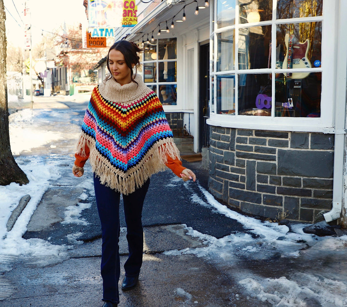 SAACHI - Rainbow Crochet Turtleneck Sweater Poncho