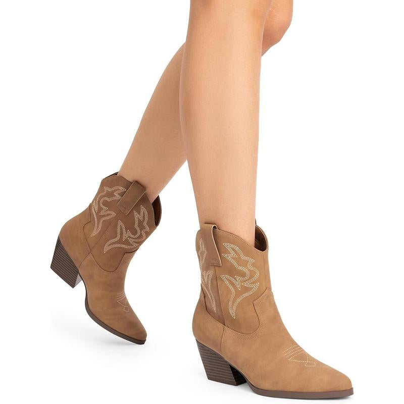 Women'S Cowboy Cowgirl Boots Embroidered Stitched Short Western Boots Low Chunky Heel Pointed Toe Ankle Booties