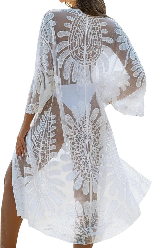 Women's 3/4 Sleeve Mesh Swimsuit Cover-Up - Long Floral Lace Kimono Cardigan for Summer Beachwear
