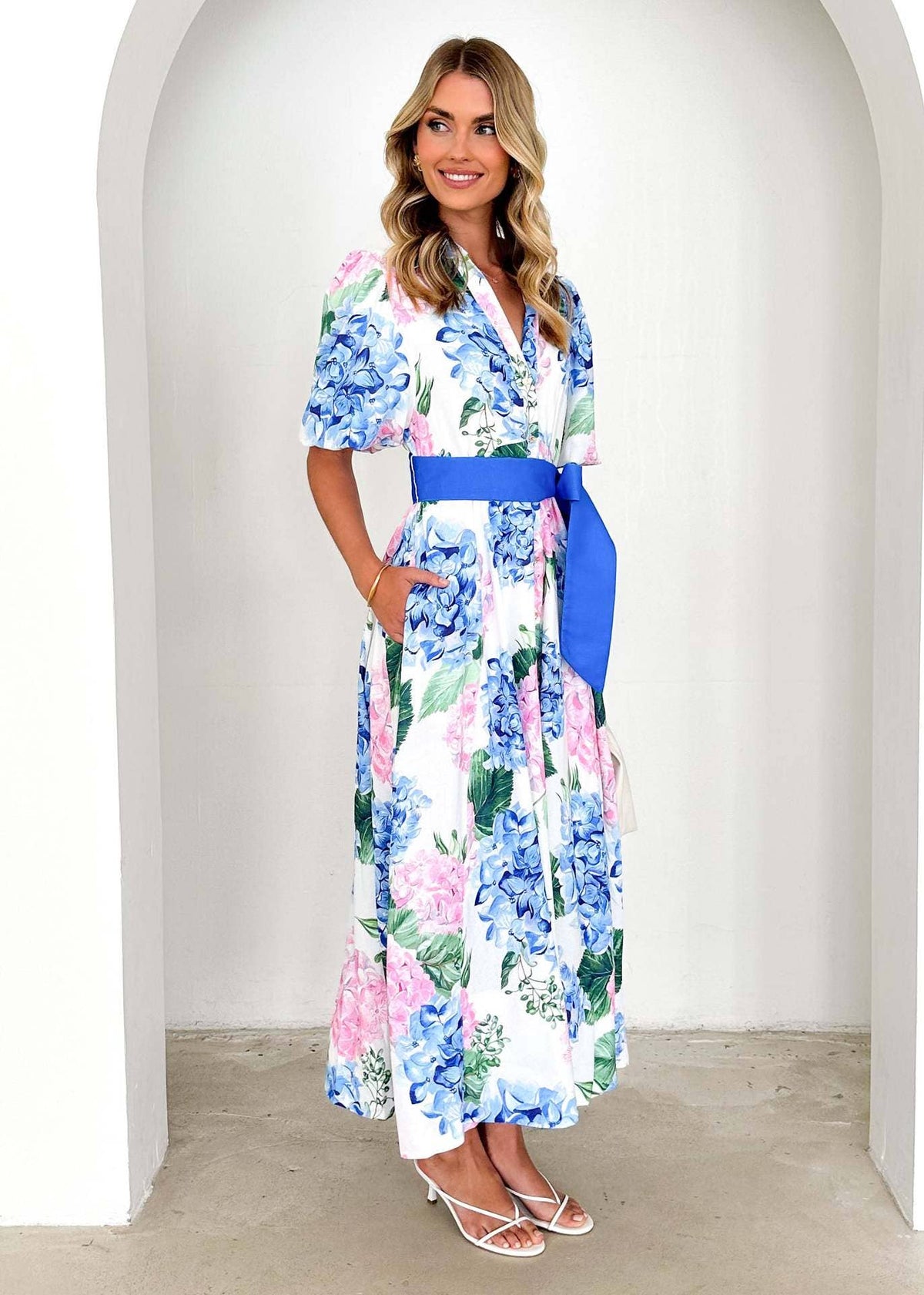 Lily Clothing - BOHO PRINT SHORT SLEEVE BELT A-LINE DRESS: BLUE / (M) 1
