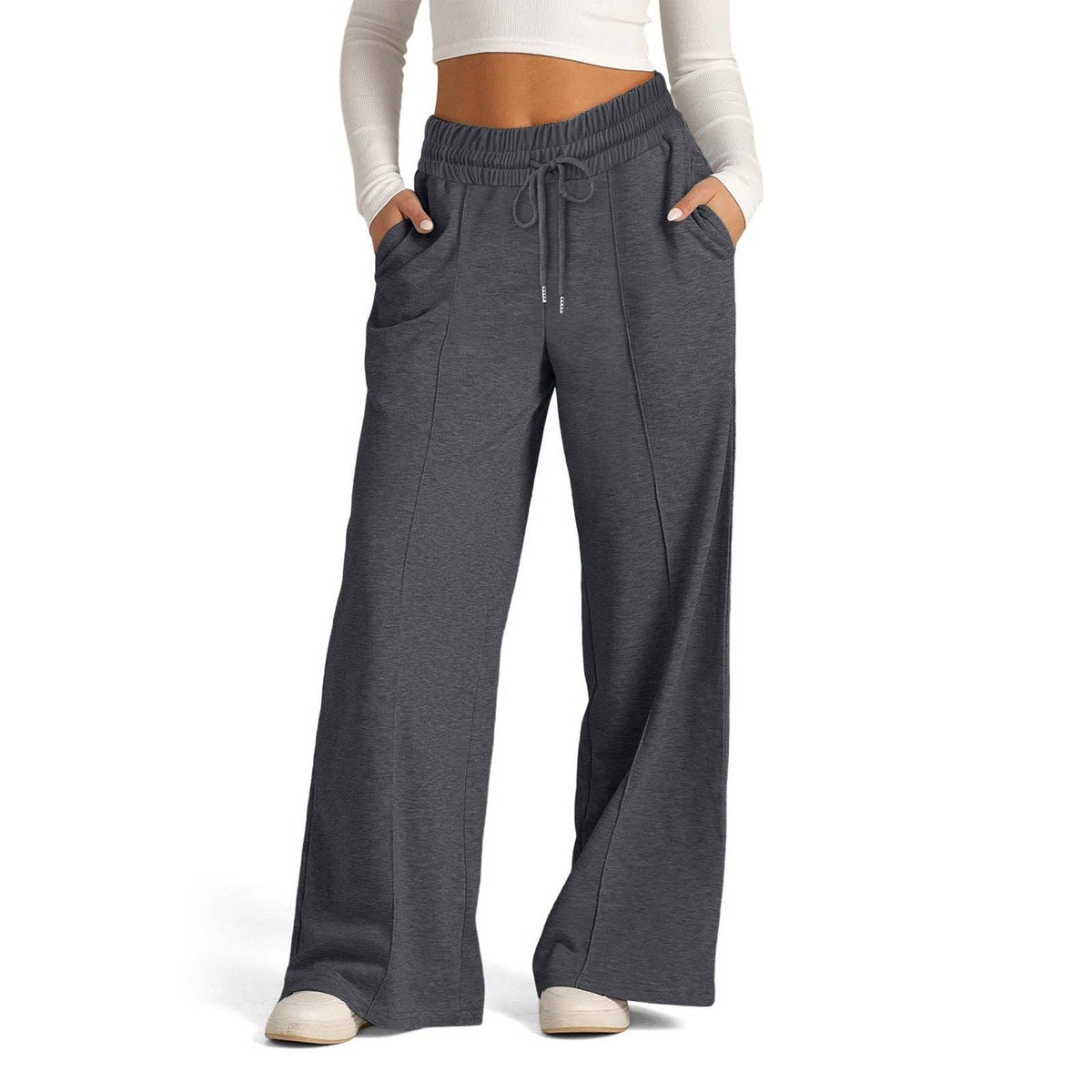 Suhkasana - Women's High Waisted Wide Leg Drawstring Casual Pants: Black / S