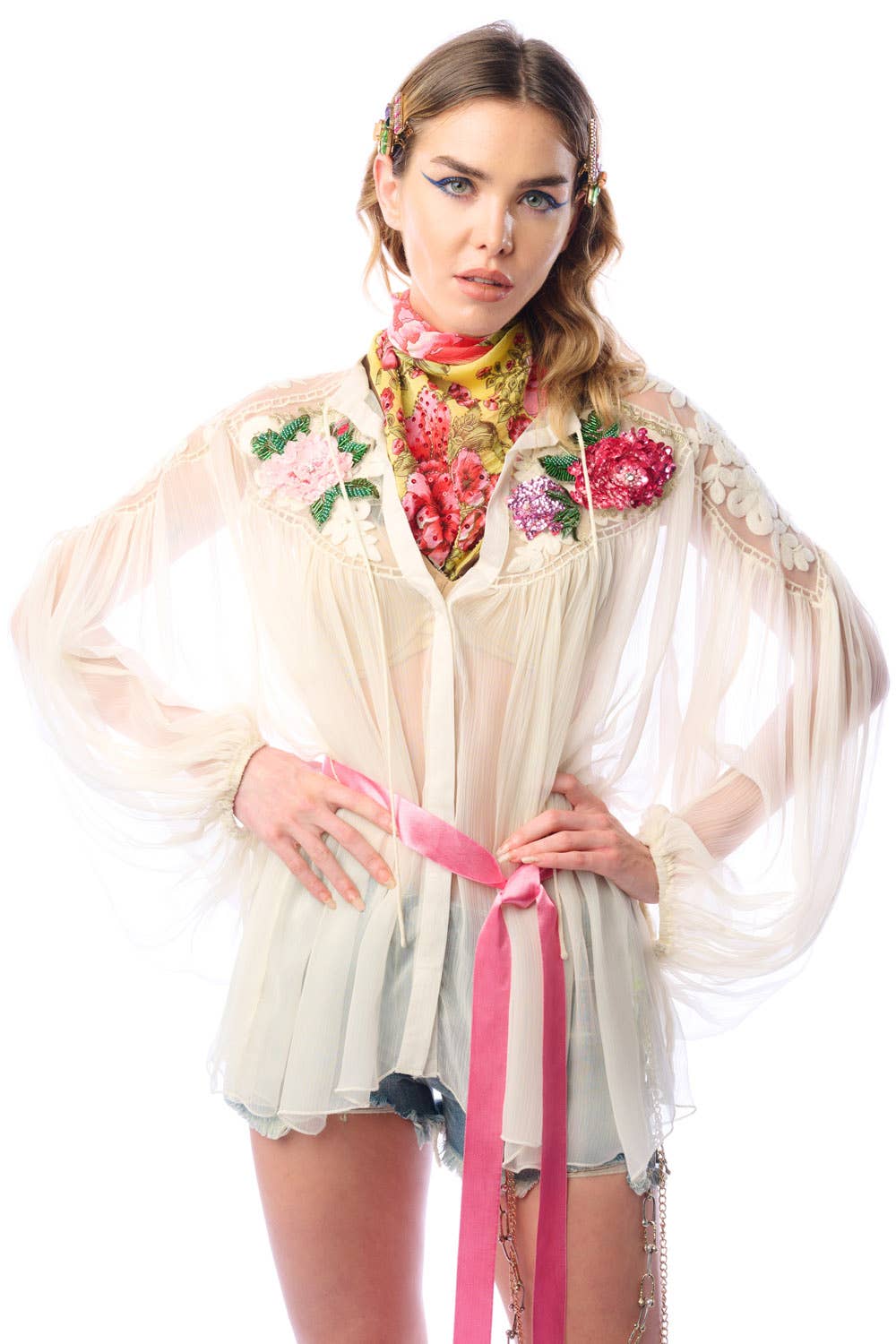 Aratta - Amora Chiffon Hand - Embellished Blouse / Top : Ivory / M