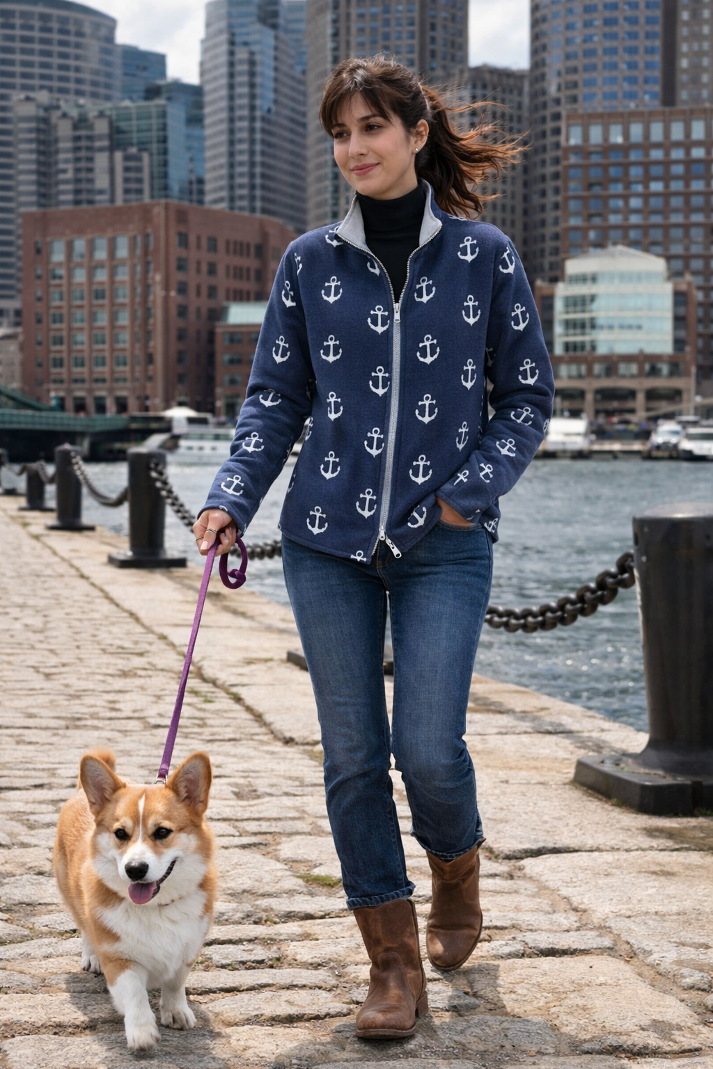 Winding River - Navy / White Anchors Zipper Sweater: M