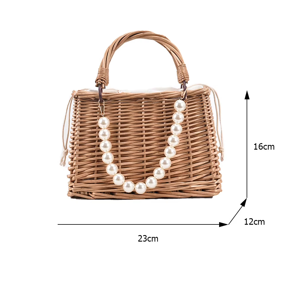 2023 Women Straw Bags and Handbags Summer Rattan Handmade Tote Bags Ladies Ribbonssummer Beach Basket Bag Pearl Beads Travel Bag