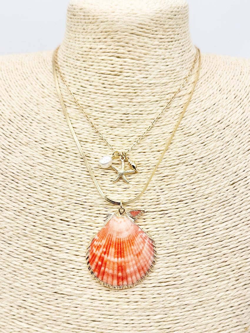 Pretty Persuasions - N25187 2 Layer Bold Seashell/Starfish/Pearl Pendant Necklace: 01 Coral
