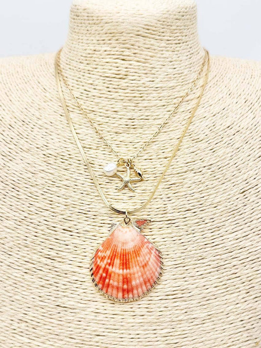 Pretty Persuasions - N25187 2 Layer Bold Seashell/Starfish/Pearl Pendant Necklace: 01 Coral