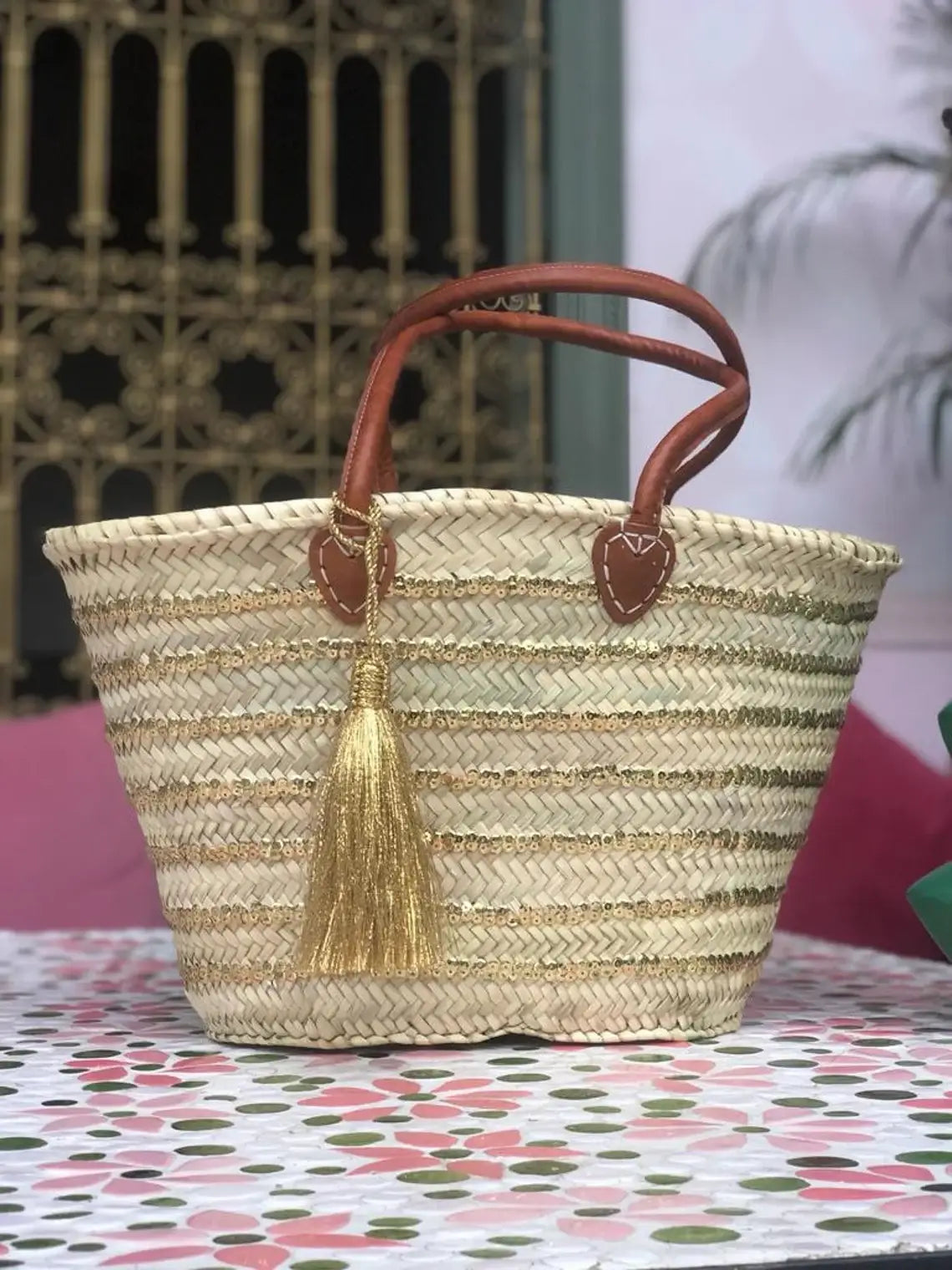 HandmadeBestSeller - Straw Basket Bag | French Basket Leather Handles | Sequins