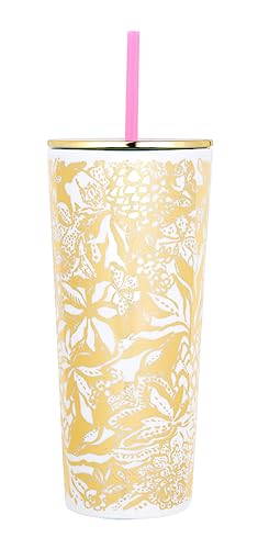 Lilly Pulitzer Double Wall Tumbler with Lid and Reusable Straw, Insulated Travel Cup Holds 24 Ounces, Soleil It On Me