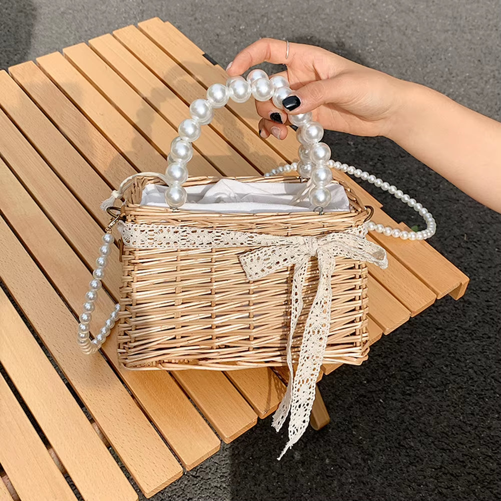 2023 Women Straw Bags and Handbags Summer Rattan Handmade Tote Bags Ladies Ribbonssummer Beach Basket Bag Pearl Beads Travel Bag