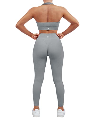 SUUKSESS Women Seamless Ribbed Workout Set Backless Sports Bra Booty Biker Short