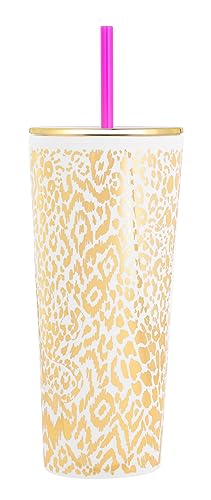 Lilly Pulitzer Double Wall Tumbler with Lid and Reusable Straw, Insulated Travel Cup Holds 24 Ounces, Soleil It On Me