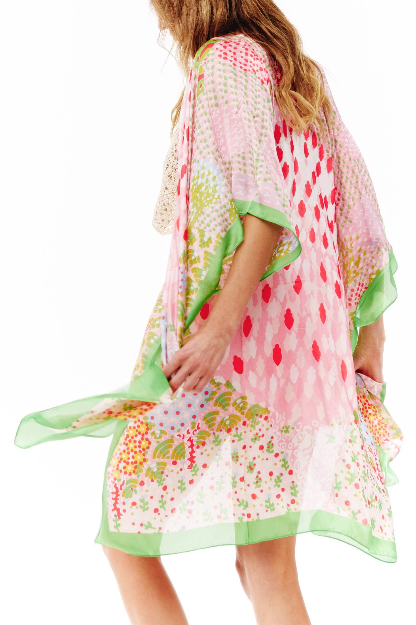 SP Sophia Collection - Abstract Multi Print Translucent Cover-Up Kimono: Pink Cream