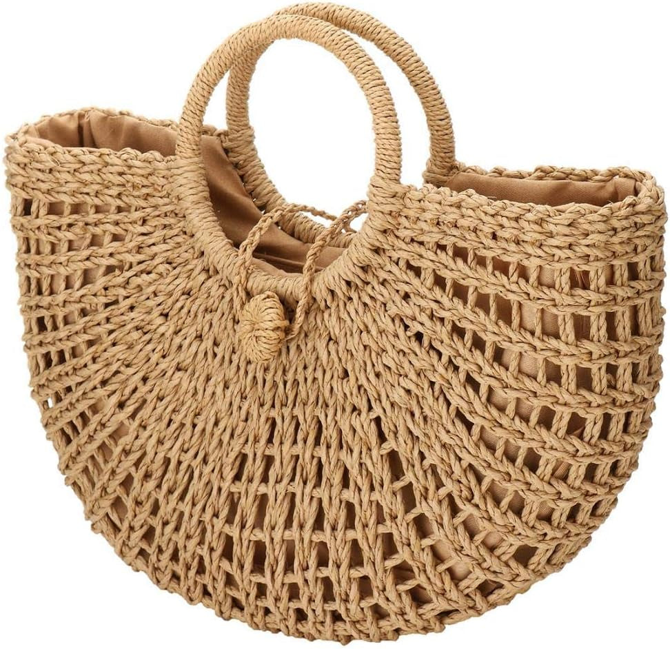 Straw Bags for Women,Hand-Woven Straw Top-Handle Bag with round Ring Handle Summer Beach Rattan Tote Handbag