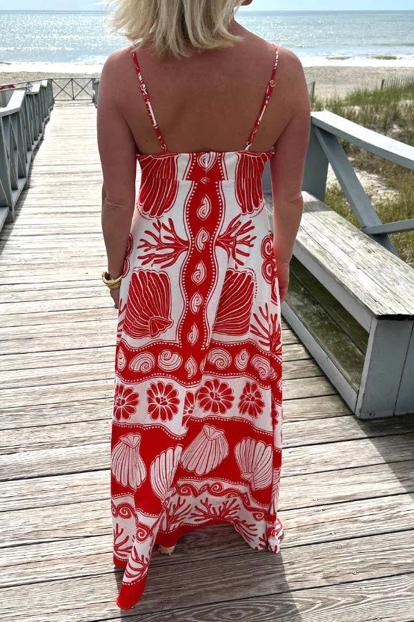 Rosa Clothing - Resort Style Sea Creature Print Slip Dress: Red / M