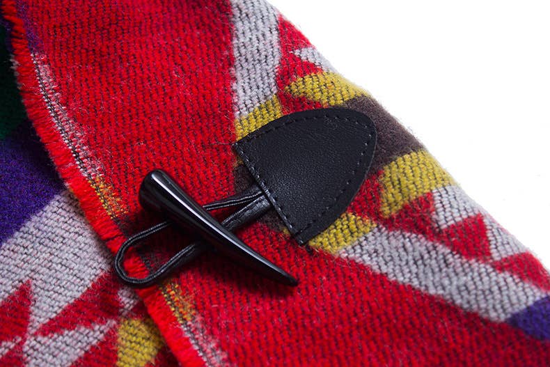 HIDDENBRAND - Boho aztec hooded poncho with toggle closure: Red / M