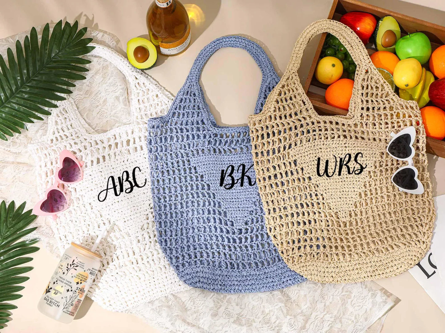 Personalized Beach Tote Bags Custom Bridesmaid Raffia Bag With Name,Monogram Initials Handle Straw Bag Bridesmaid Wedding Gifts