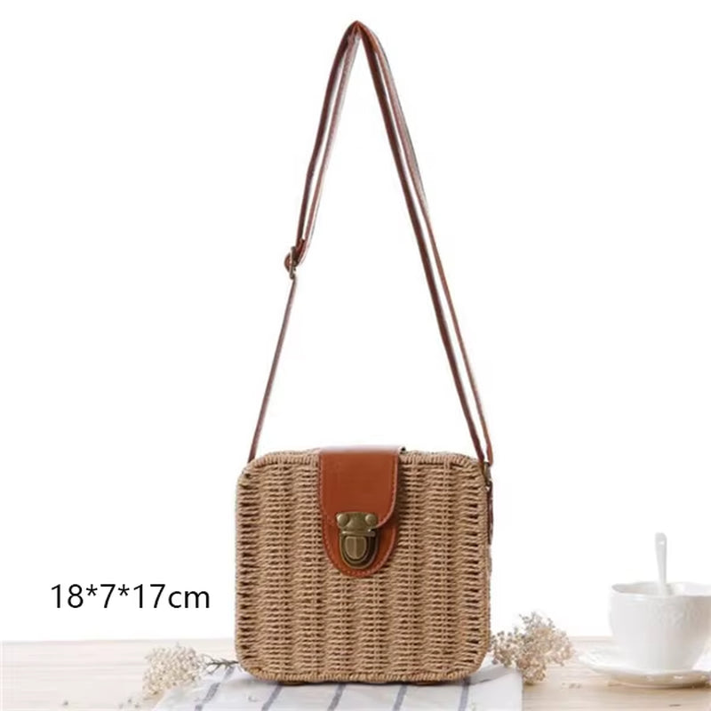 Woven Rattan Bag round Straw Shoulder Bag Small Beach Handbags Women Summer Hollow Handmade Messenger Crossbody Bags
