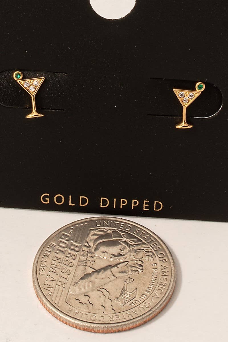 Fame Accessories - Gold Dipped Cz Pave Martini Glass Stud Earrings: GOLD