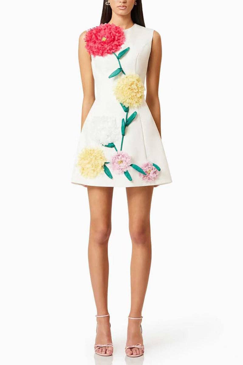 Mccolin - Floral Appliqué Vacation Dress: YELLOW / S