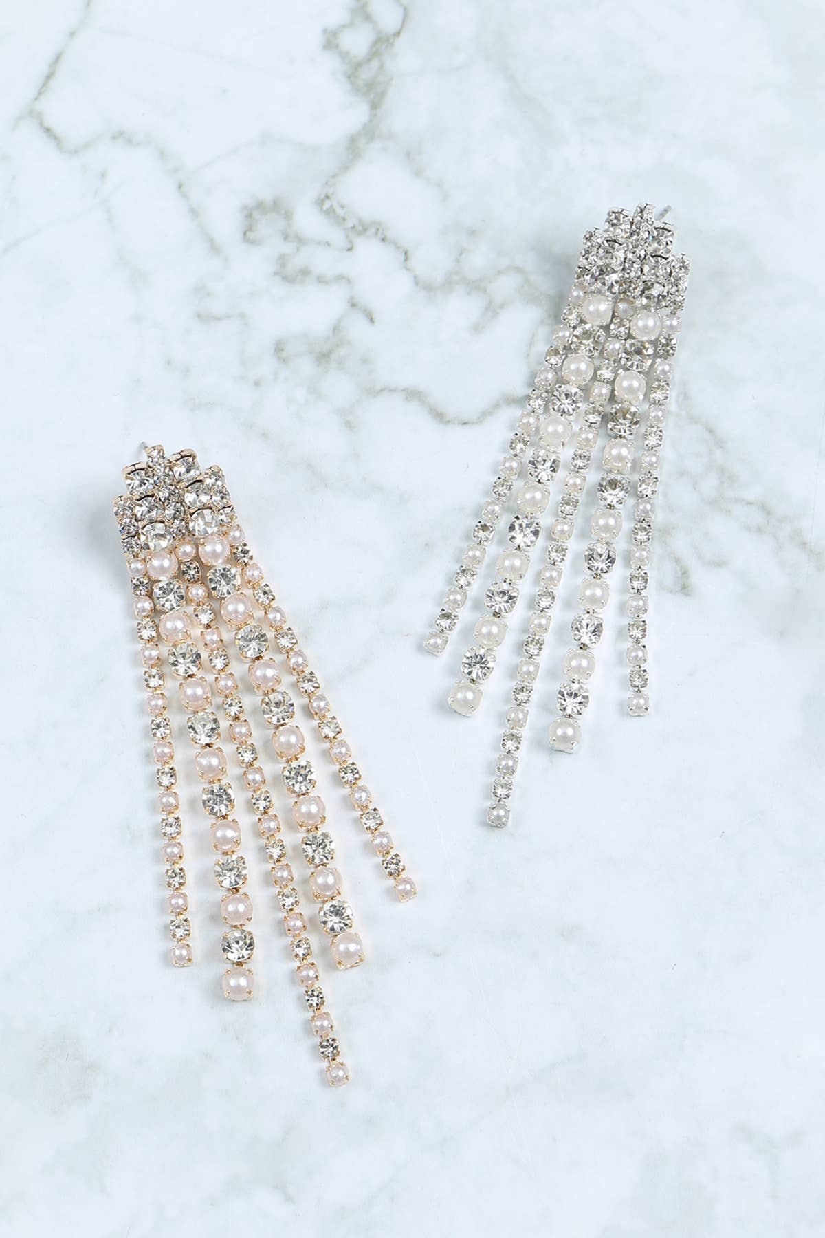 MYS Wholesale Inc - Rhinestone Pearl 5 Line Drop Earrings: Crystal Gold
