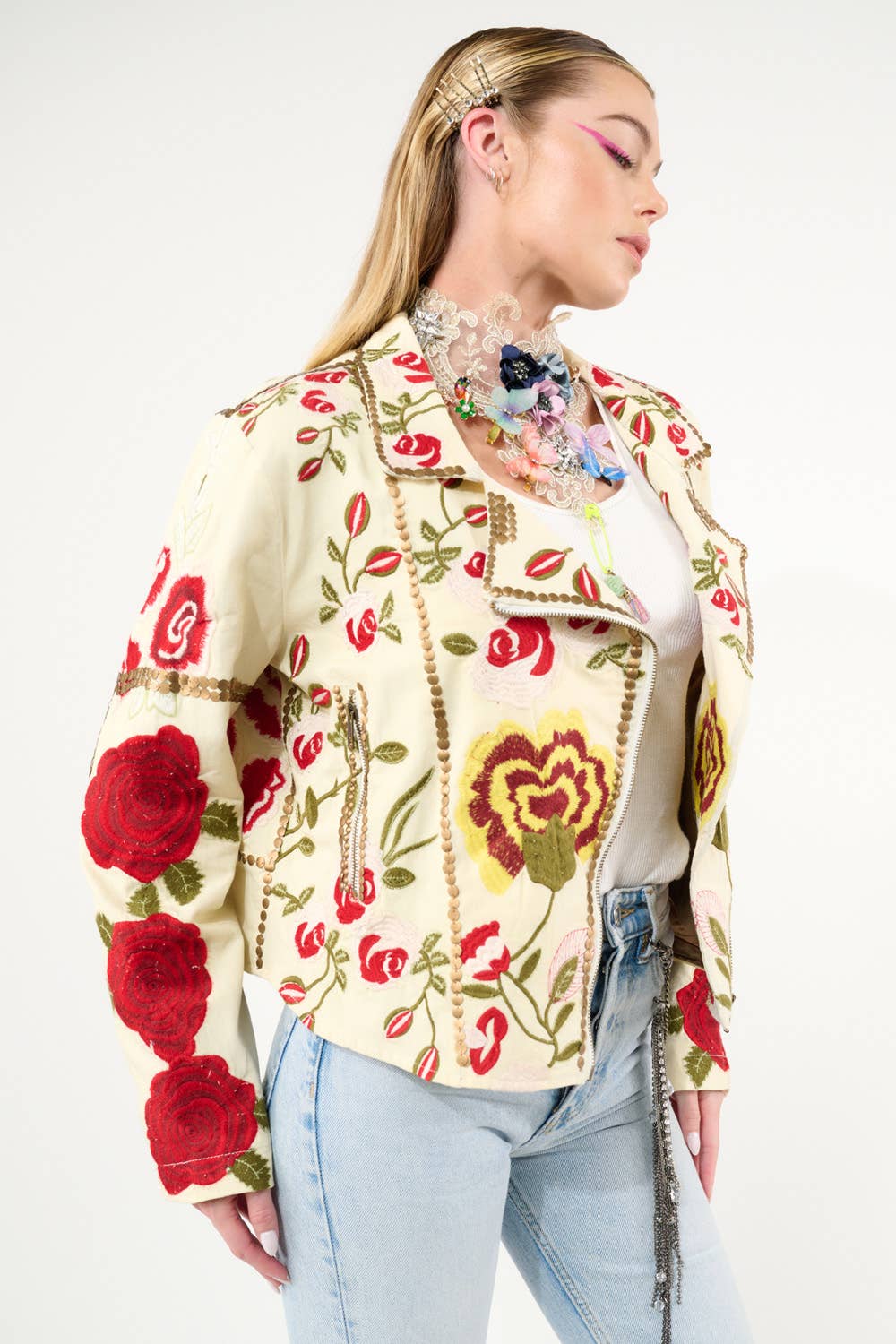 Aratta - Carmen Embroidered Denim Motorcycle Jacket: Ivory / M