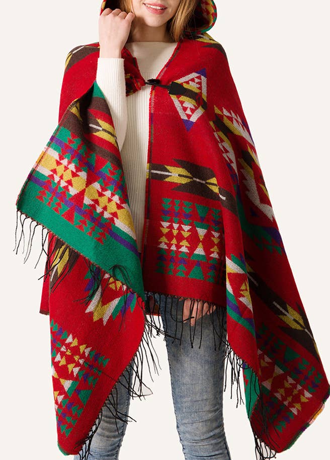 HIDDENBRAND - Boho aztec hooded poncho with toggle closure: Red / M