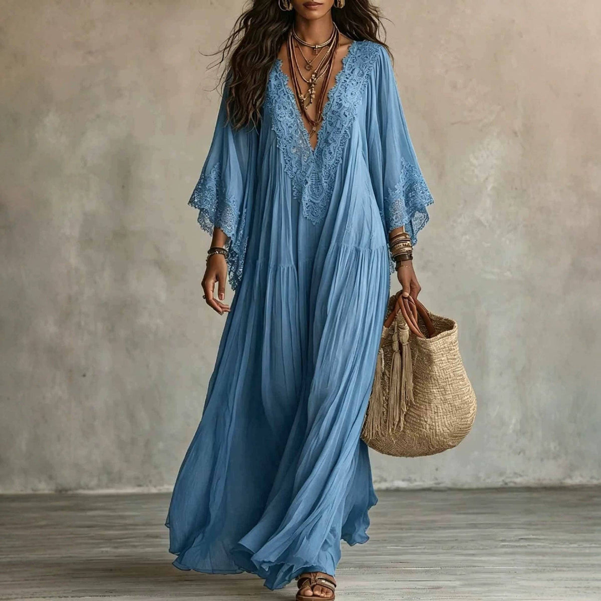 Suhkasana - Women's Boho Lace Chiffon Long Sleeve Maxi Dress: White / 100%Polyester / S