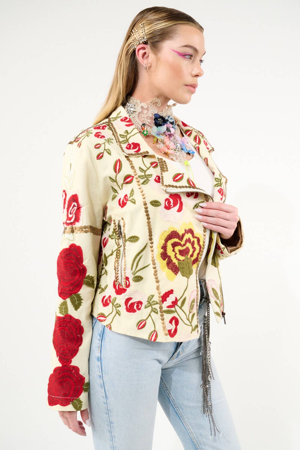 Aratta - Carmen Embroidered Denim Motorcycle Jacket: Ivory / M