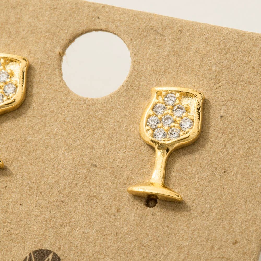 Fame Accessories - Gold Dipped Mini Pave Wine Glass Stud Earrings: G