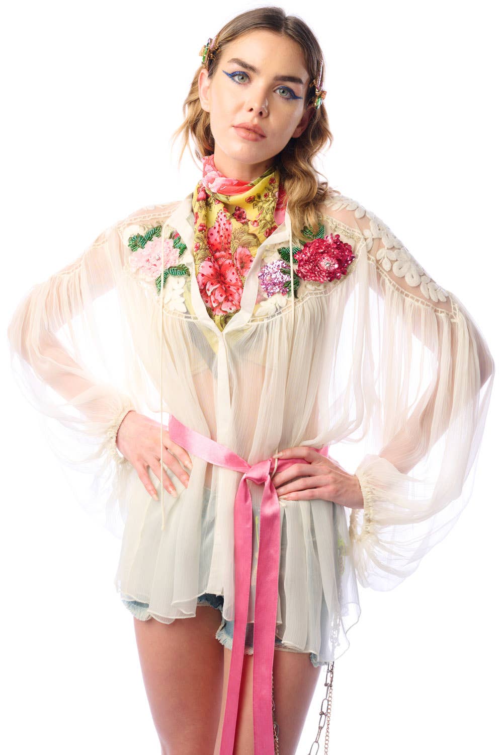 Aratta - Amora Chiffon Hand - Embellished Blouse / Top : Ivory / M
