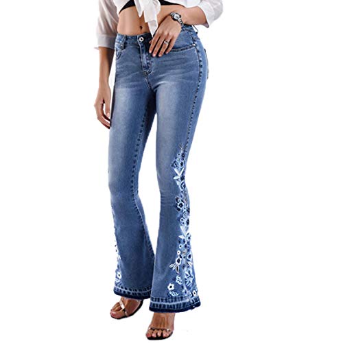 Lisskolo Bell Bottom Jeans for Women Flared Floral Embroidered Jean Wide Leg Denim Pants