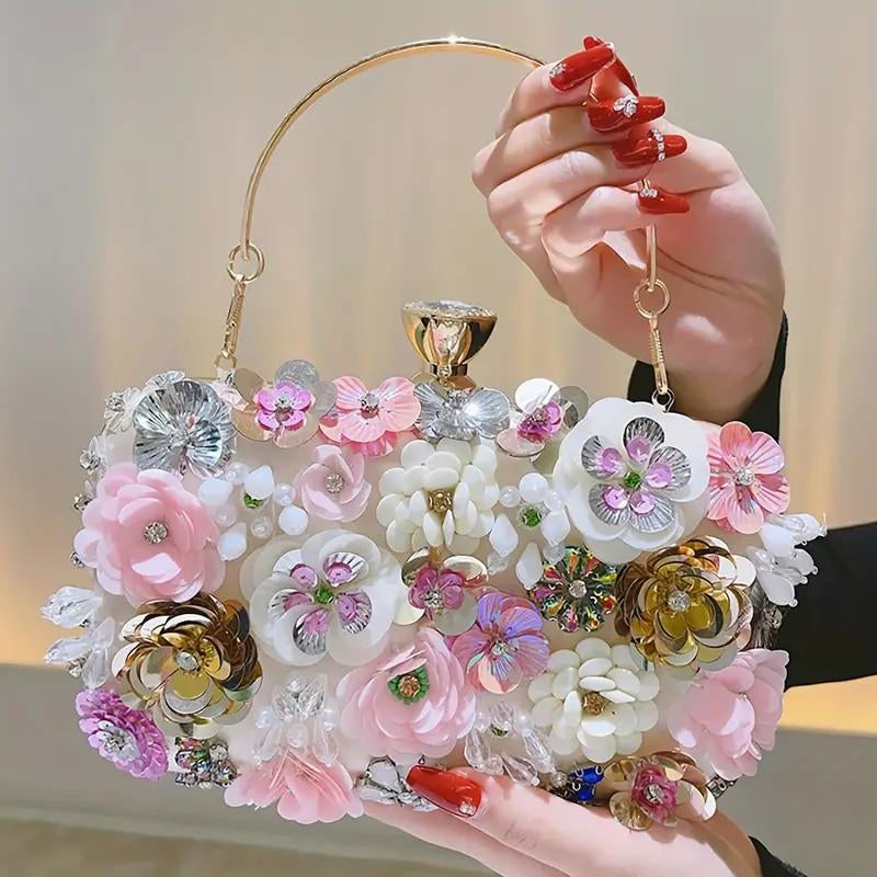 Flower Decor Shoulder Bag-Faux Pearl Clutch for Cheongsam,Ladies Handbag,Bridesmaid Purse & Sequin Beaded Party Bag-Elegant Designer Handbags