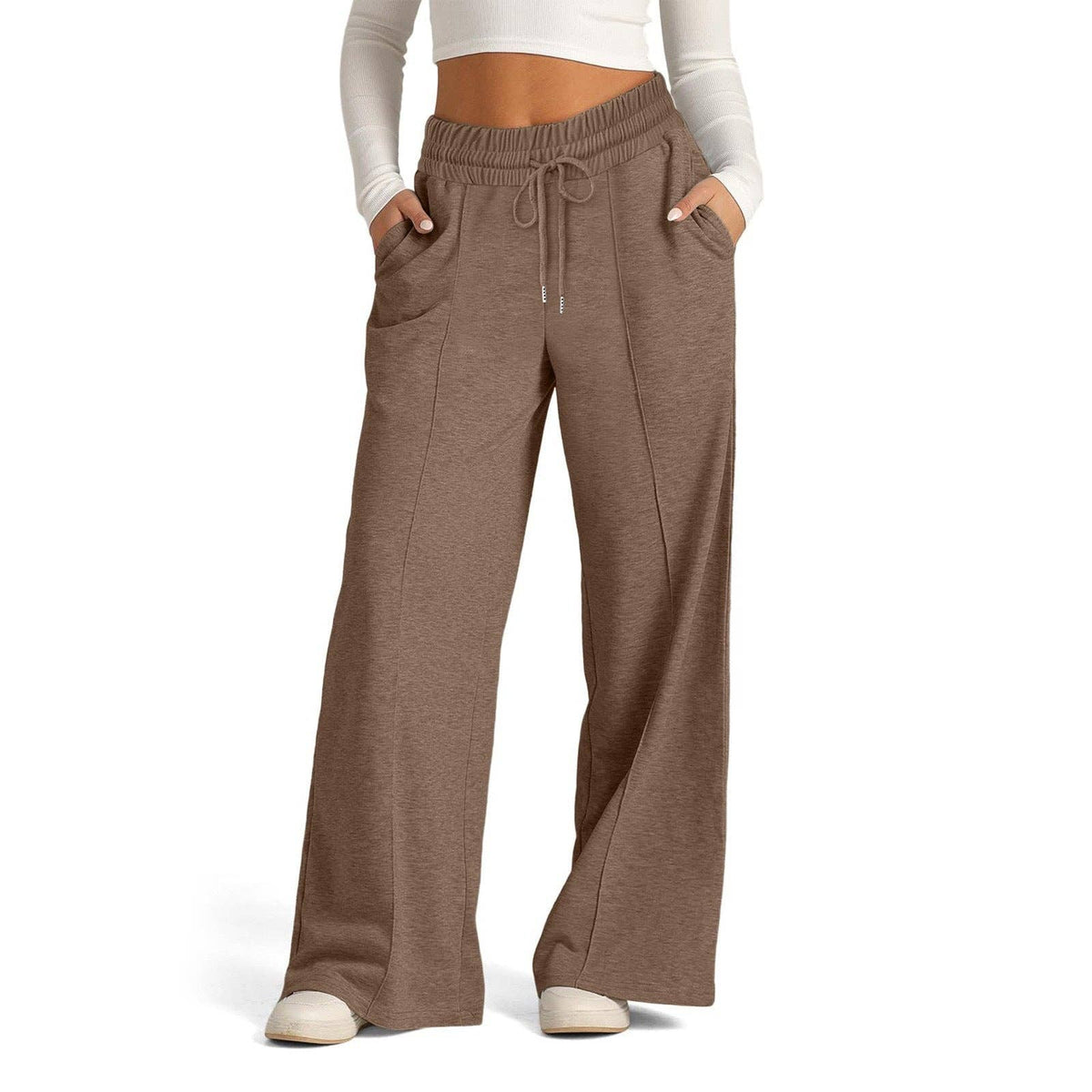 Suhkasana - Women's High Waisted Wide Leg Drawstring Casual Pants: Black / S
