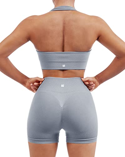 SUUKSESS Women Seamless Ribbed Workout Set Backless Sports Bra Booty Biker Short