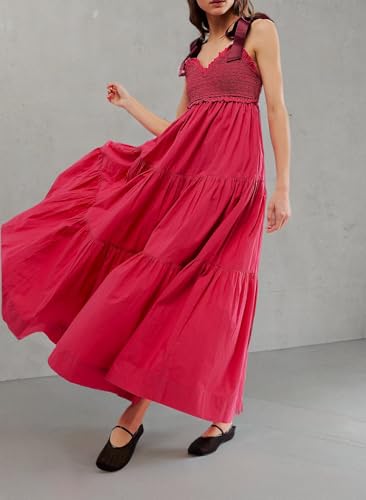 Women Summer Dresses Flowy Smocked Maxi Dress Sleeveless Tie Shoulder Boho Dresses Y2K Floral Beach Sundresses