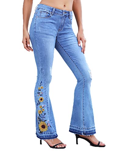 Lisskolo Bell Bottom Jeans for Women Flared Floral Embroidered Jean Wide Leg Denim Pants