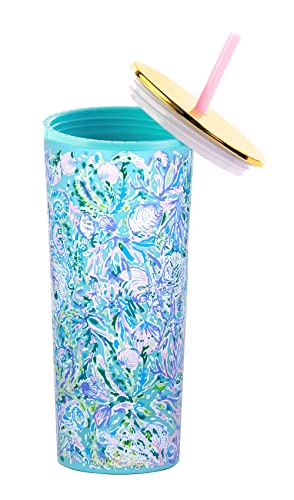 Lilly Pulitzer Double Wall Tumbler with Lid and Reusable Straw, Insulated Travel Cup Holds 24 Ounces, Soleil It On Me