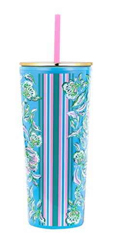 Lilly Pulitzer Double Wall Tumbler with Lid and Reusable Straw, Insulated Travel Cup Holds 24 Ounces, Soleil It On Me