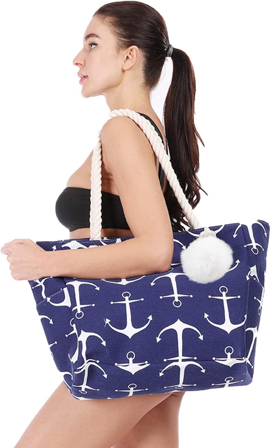 Women Large Beach Canvas Tote Bag with Zipper Pockets for Swim Pool Gym Hiking Picnic Travel