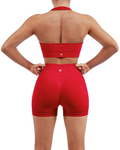 SUUKSESS Women Seamless Ribbed Workout Set Backless Sports Bra Booty Biker Short