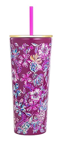 Lilly Pulitzer Double Wall Tumbler with Lid and Reusable Straw, Insulated Travel Cup Holds 24 Ounces, Soleil It On Me