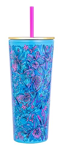 Lilly Pulitzer Double Wall Tumbler with Lid and Reusable Straw, Insulated Travel Cup Holds 24 Ounces, Soleil It On Me