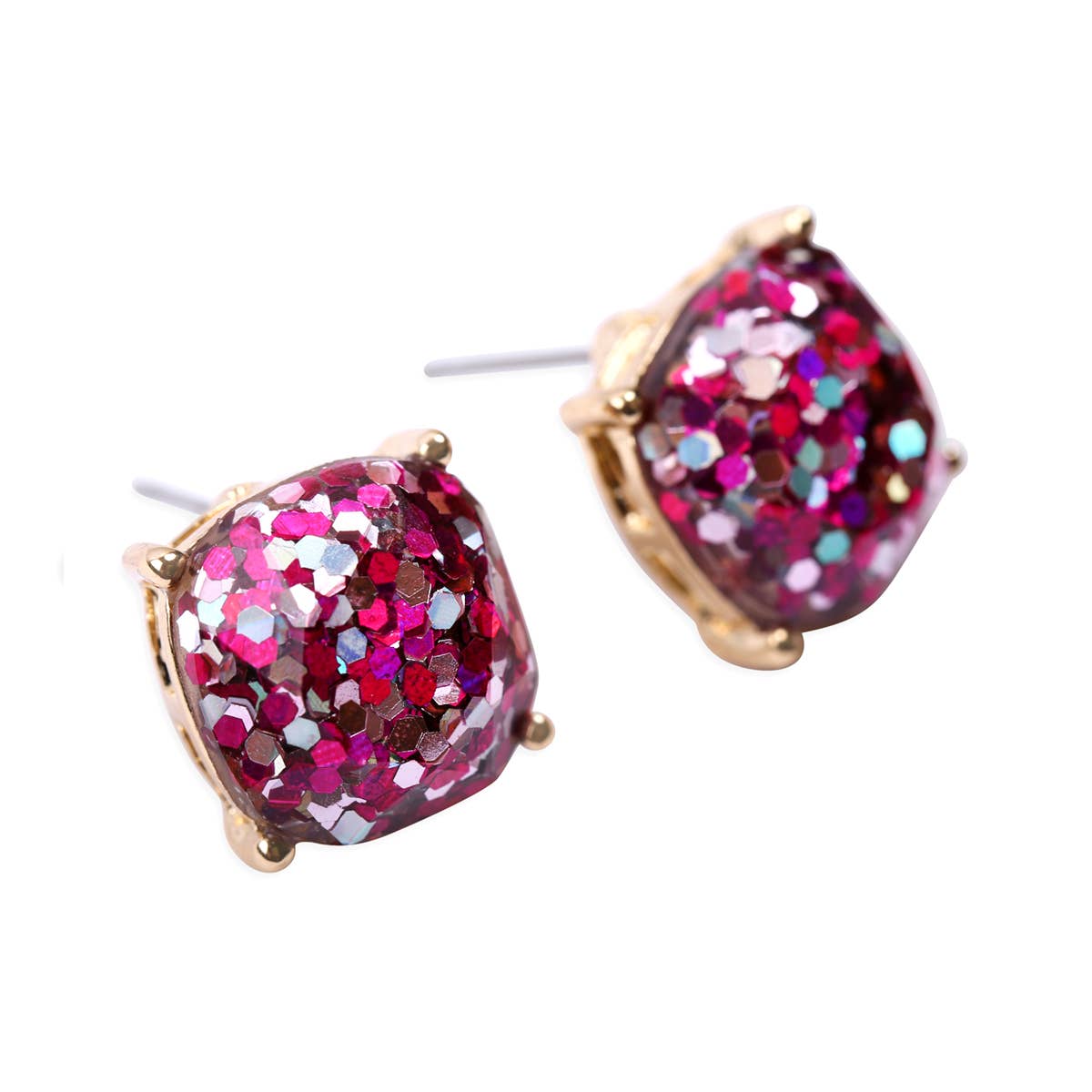 MYS Wholesale Inc - Faceted Glitter Cushion Acrylic Post Earrings: Fuchsia