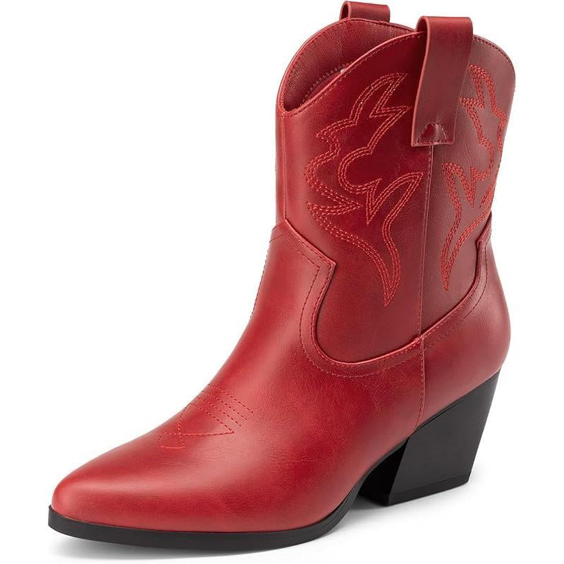 Women'S Cowboy Cowgirl Boots Embroidered Stitched Short Western Boots Low Chunky Heel Pointed Toe Ankle Booties